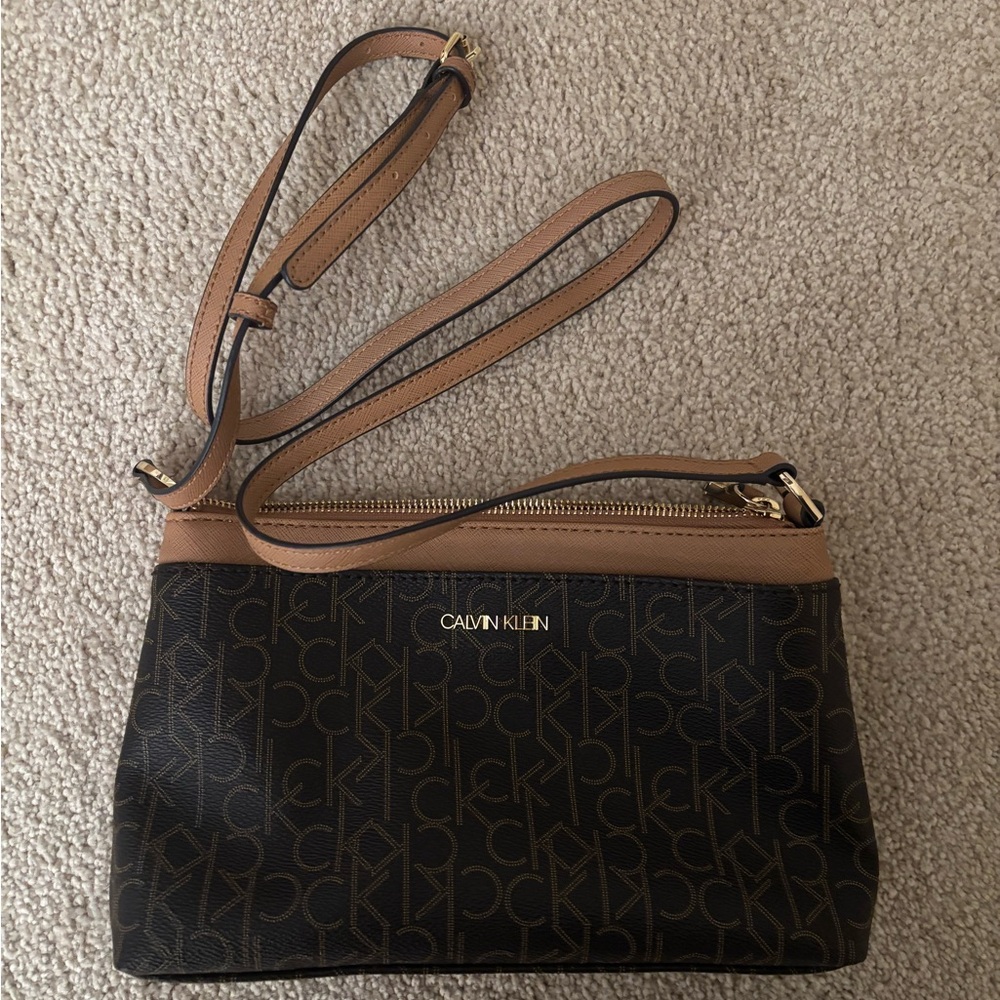 Calvin Klein Black and Brown Logo Crossbody Bag